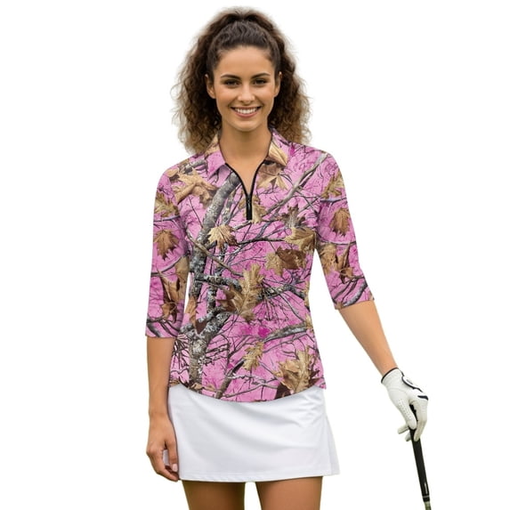 HUIACONG Pink Tree Camo Pattern Women's Golf Polo Shirts Quarter Zip Polyester Spandex Fabric with Versatile 3/4 Sleeve Athletic Blouse for Ladies