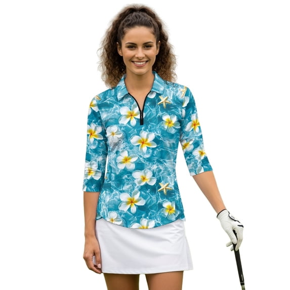 HUIACONG Plumeria Water Pattern Women's Golf Polo Shirts, Quick Dry Breathable Quick Dry Golf Shirt Women Quarter Zip Ladies Golf Top 3/4 Sleeve