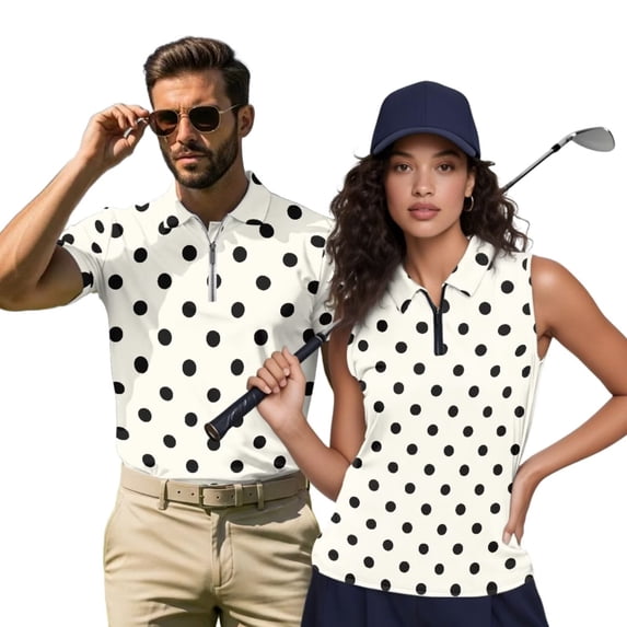 HUIACONG Polka Dot Matching Golf Shirts for Couples Sleeveless Golf Shirts for Women Moisture Wicking Mens Short Sleeve Collared Golf Shirt Quick Dry Lightweight Man S