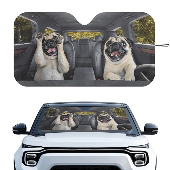 HUIACONG Pug Dog Car Windshield Sun Shade, UV Reflective Foldable Universal Vehicle Interior Accessories Foldable Sunshade for Universal Fit Most Cars Vehicles Automotive
