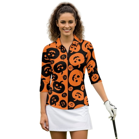 HUIACONG Pumpkin Pattern Women's Golf Polo Shirts Quarter Zip Polyester Spandex Fabric with Zip Up Collar Quick Dry Golf Shirt Women for Ladies