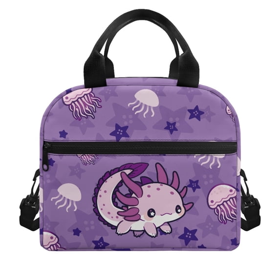 HUIACONG Purple Axolotl Pattern Insulated Lunch Bag, Waterproof Large Capacity Aluminum Film Material Insulated Lunch Tote for Daily Use Office Travel