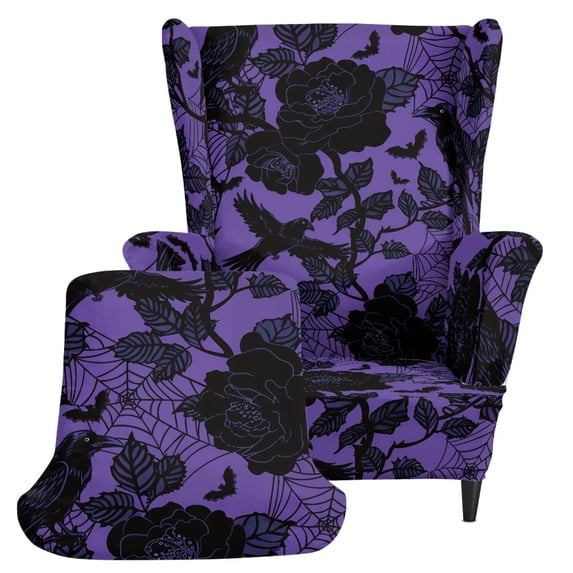 HUIACONG Purple Gothic Crow Spider Web Rose Print 2-Piece Wingback Chair Slipcovers, Full Elastic Hem Wrinkle Resistant Soft Stretchy Fabric, Washable Easy Install Furniture