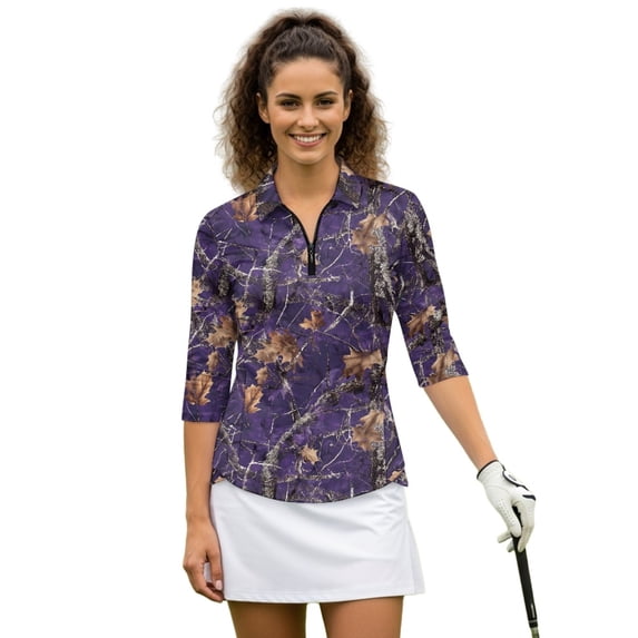 HUIACONG Purple Leaf Gold Womens 3/4 Sleeve Golf Shirts Breathable Polyester Spandex Fabric with Quarter Zip Golf Polo Shirts for Women's