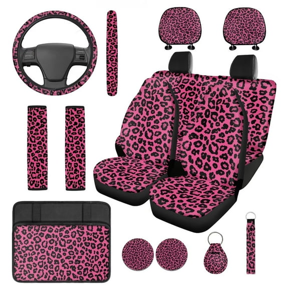 HUIACONG Purple Leopard Print Car Seat Covers Full Set with Steering Wheel Cover Center Console Cover Seat Belt Pads Coasters Headrest Cover Keychain 14 Pcs Cheetah Print Car Accessories Interior