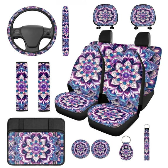 HUIACONG Purple Mandala Lotus Car Seat Covers for Women Full Set 14 Pcs Boho Car Accessories Interior Including Steering Wheel Cover Seat Belt Covers Armrest Cover Headrest Covers Coasters Keychain