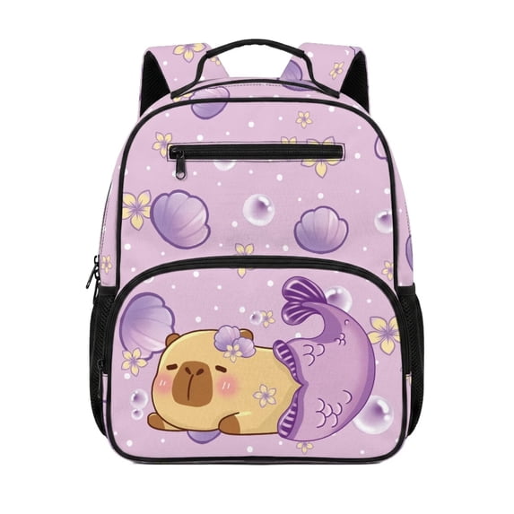 HUIACONG Purple Mermaid Capybara 13.5 Inch Backpack for Kids Girls, Water Resistant School Bag with Breathable Adjustable Padded Straps, Large Capacity Multi Pocket Bookbag for School Travel