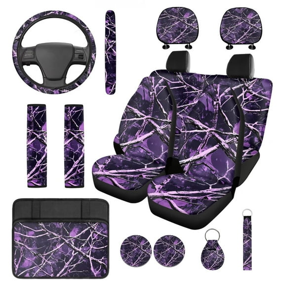 HUIACONG Purple Tree Branch Camo Seat Covers for Trucks Full Set Universal Car Accessories 14 Pcs Including Steering Wheel Cover Seat Belt Covers Arm Rest Cover Coasters Headrest Cover Keychain