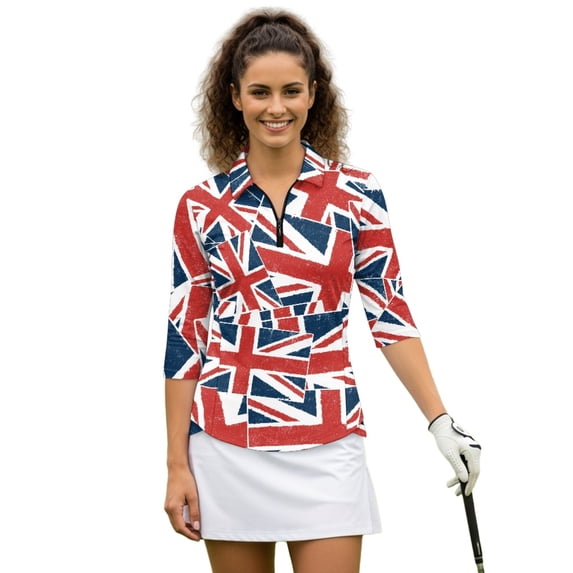 HUIACONG Quarter Zip Women's Golf Polo Shirts for Outdoor Training Tennis Sports, Polyester Spandex Fabric Dry-Fit Relaxed Tennis Tops, Union Jack Pattern