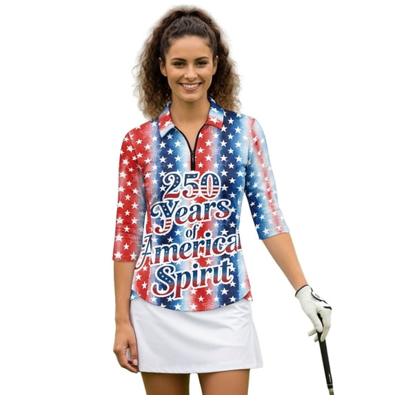 HUIACONG Quarter Zip Women's Golf Polo Shirts for Outing Tennis Sports, Polyester Spandex Fabric Comfortable Relaxed Women's Golf Top, American Flag Eagle Design