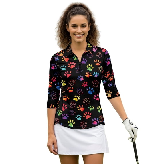 HUIACONG Quarter Zip Women's Golf Polo Shirts for Tennis Workout Outing, Polyester Spandex Fabric Comfortable Versatile Ladies Golf Top 3/4 Sleeve, Paw prints