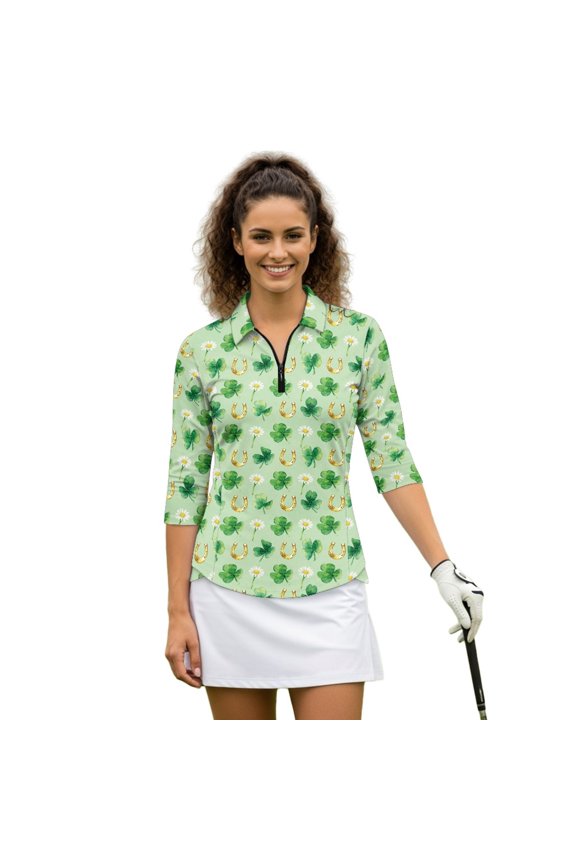 Rabbit and Clover Pattern Women's Golf Polo Shirts, Quarter Zip Comfortable Ladies Golf Top 3/4 Sleeve Quick Dry Womens 3/4 Sleeve Golf Shirts