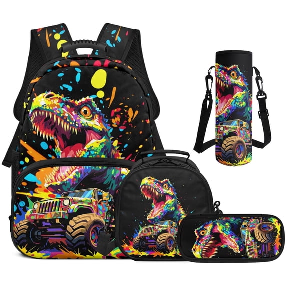 HUIACONG Rainbow Dinosaur Monster Truck Backpack for Boys Girls, Colorful Dinosaur Print School Bag 4PCS Pack with Lunch Box, Pencil Case and Water Bottle Sleeve for Elementary Kids