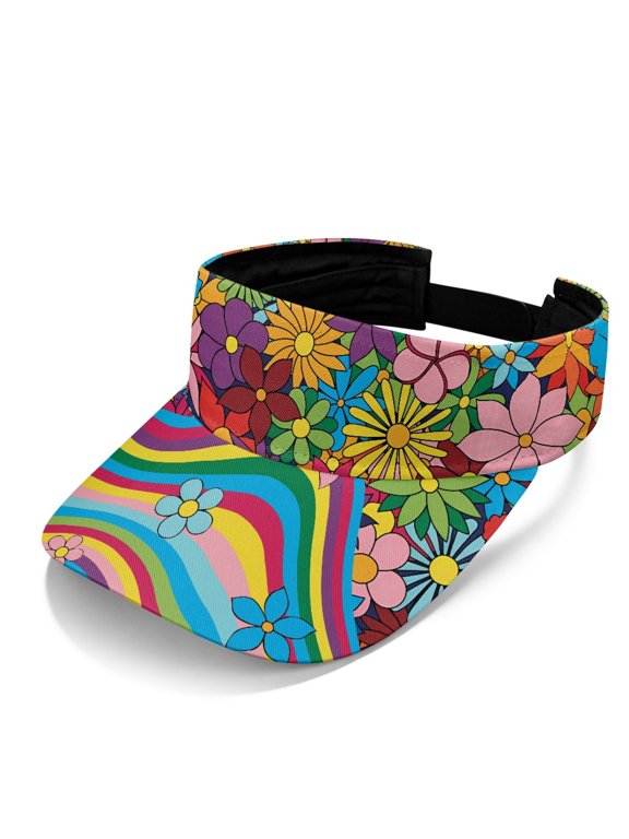 Rainbow Floral Sun Visor Hat, Polyester Fabric Comfortable Fit Empty Top Sports Visor for Golf Running and Outdoor Activities