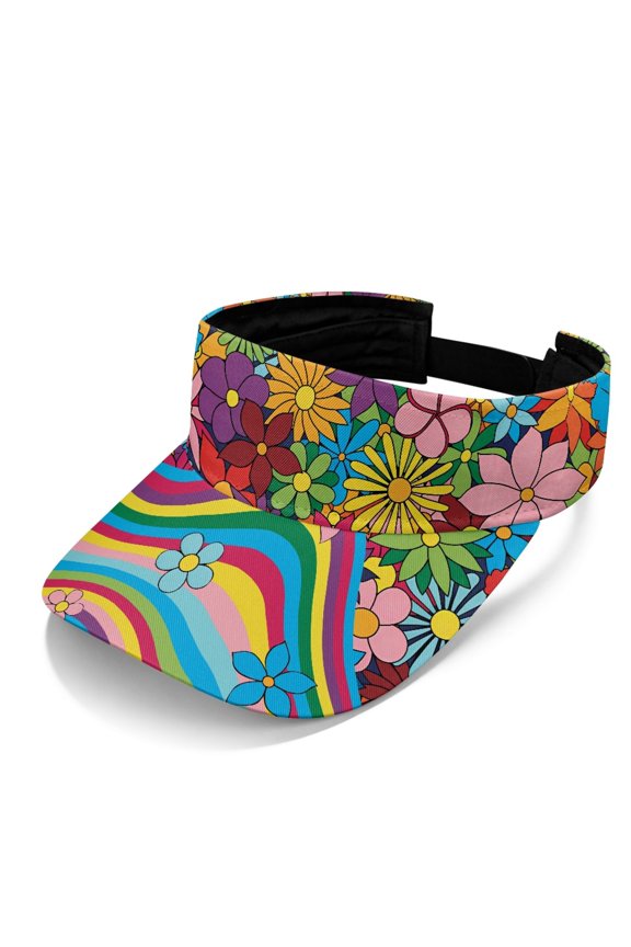 Rainbow Floral Sun Visor Hat, Polyester Fabric Comfortable Fit Empty Top Sports Visor for Golf Running and Outdoor Activities