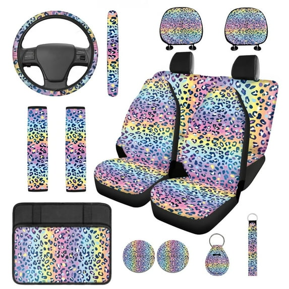 HUIACONG Rainbow Leopard Print Car Seat Covers Full Set for Women Cheetah Car Accessories Seat Covers with Seat Belt Covers Steering Wheel Cover Armrest Cover Headrest Cover Coasters Keychain 14 Pcs
