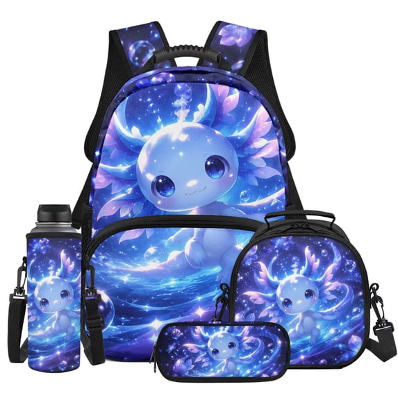 HUIACONG Reading Axolotl Backpack for Boys, Functional 4PCS Set Including Water Bottle and Lunch Bag, Daily School Bag for Boys Teens Ages 8-12
