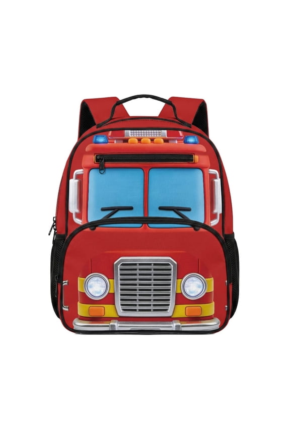 Red Fire Truck 13.5 Inch Kids Backpack, Scuff-Resistant Water-Repellent School Bag with Cushioned Adjustable Straps, Multi-Pocket Large Capacity Bookbag for Elementary Travel