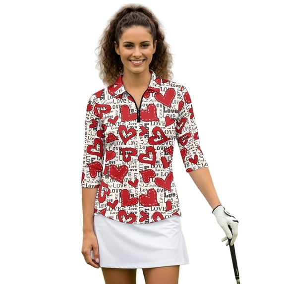 HUIACONG Red Heart Love Print Tennis Tops with Zipper Polyester Spandex Fabric with Comfortable Womens 3/4 Sleeve Golf Shirts for Ladies