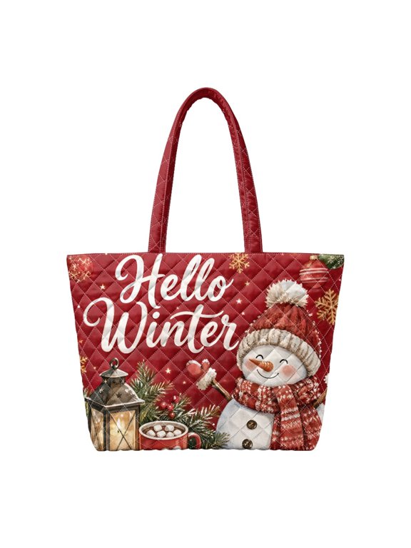 Red Hello Winter Snowman Pattern Padded Handle Tote Bag, Featherweight Diamond Stitched Large Capacity Handbag for Christmas Shopping Winter Travel Work Daily Use