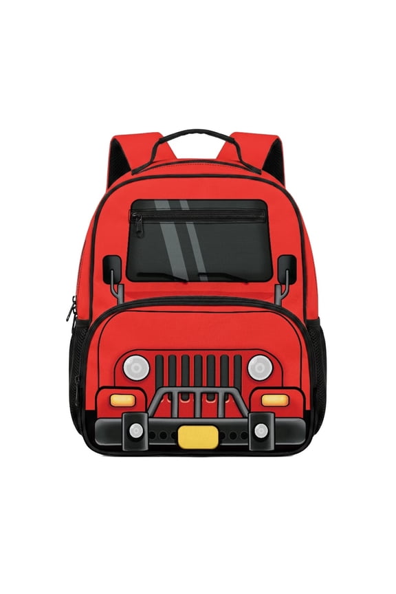 Red Jeep Print 13.5 Inch Kids Backpack, Water Resistant Scratch-proof School Bag with Breathable Adjustable Padded Straps, Multi-Pocket Large Capacity Bookbag for Boys School Travel
