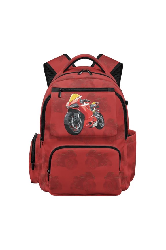 Red Motorcycle Print School Backpack for Boys Girls Age 5-16, Multi Pockets Scratch Resistant Bookbag with Adjustable Padded Straps, Water Repellent Lightweight Casual Daypack