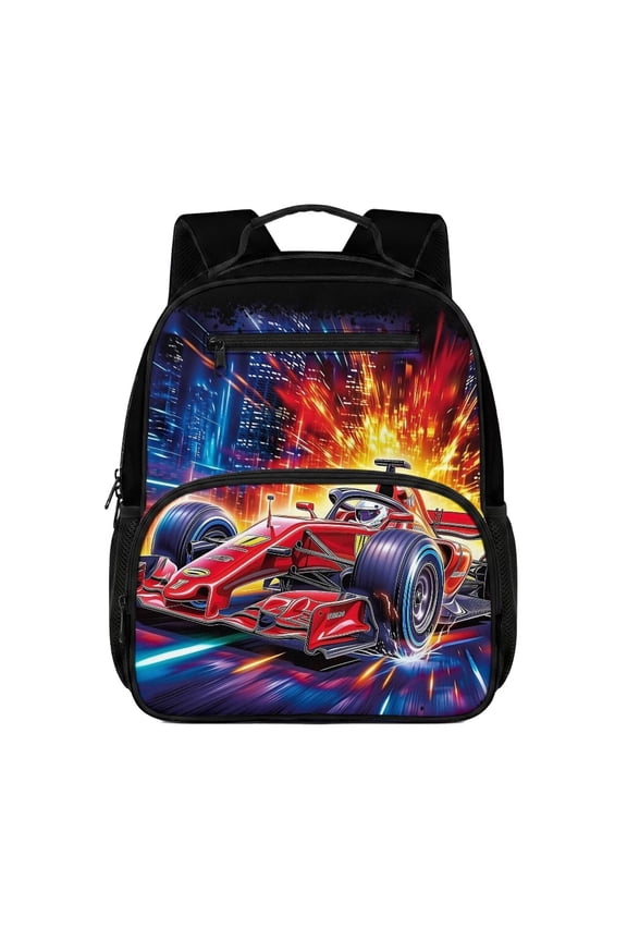 Red Racing Car 13.5 Inch Kids Backpack, Sturdy Tear Resistant Lightweight School Bag with Adjustable Padded Straps, Water Repellent Multi Pocket Bookbag for Elementary Boys Travel
