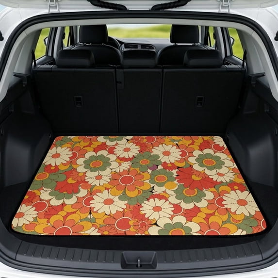 HUIACONG Retro Groovy Floral Car Trunk Mat, Stitched Edge Polyester 29" x 39", Wipe Clean Non-Skid All Season Cargo Liner, Fast, Universal Fit for Sedans SUVs Trucks Auto Decor