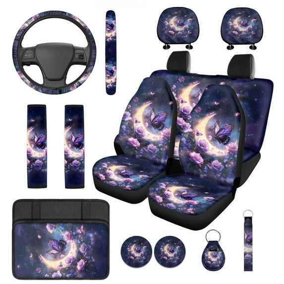 HUIACONG Rose Car Seat Covers Full Set for Car Accessories 14 Pcs Including Steering Wheel Cover Seatbelt Covers Armrest Cover Coasters Headrest Cover Keychain Universal Fit