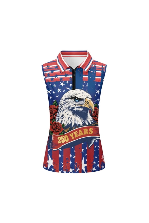 Rose Eagle Blue Star Women Golf Sleeveless Half Zip Top, Zip Up Sleeveless Golf Tennis Shirts Anti Fade Breathable Golf Sleeveless Tank Stretchy