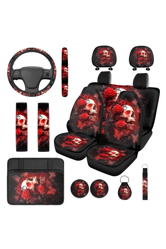 Rose Skull Car Seat Covers 14 Piece Goth Car Accessories Seat Covers Full Set with Steering Wheel Cover Seat Belt Covers Armrest Cover Headrest Covers Coasters Keychain Universal Fit