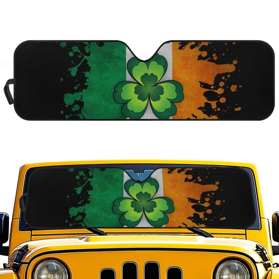 HUIACONG Saint Patrick Day Windshield Sun Shade Compatible with Wrangler JK JKU TJ 1997-2018, Foldable Windshield Sunshade Sun Visor Blocks UV Rays