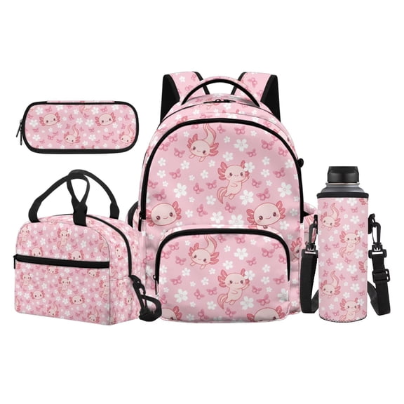 HUIACONG Sakura Axolotl School Backpack for Teens 17 Inch 4 in 1 Set, Includes Lunch Bag, Pencil Case & Water Bottle Sleeve, Reinforced Bottom, for High School