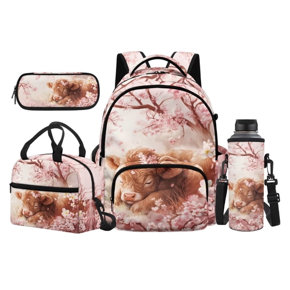HUIACONG Sakura Sleeping Cow Kids 17 Inch Backpack 4 Piece Set Lunch Bag, Pencil Case & Water Bottle Sleeve, Adjustable Chest Buckle, for Grades 2-7