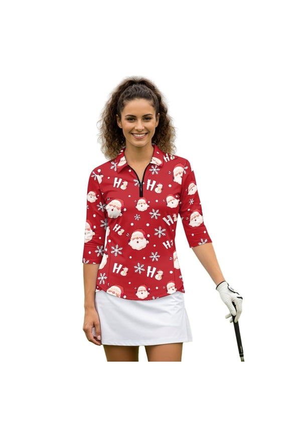 Santa Claus Snowflake Pattern Quick Dry Golf Shirt Women Quarter Zip with Washable Versatile Athletic Tops for Tennis Sports Outdoor Training Workout