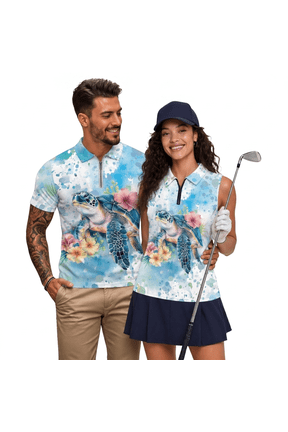 Sea Turtle Couples Matching Golf Shirts for Men Short Sleeve Quarter Zip Collared Shirts for Men Quick Dry Lightweight Casual Tropical Golf Tops for Sports Vacation Man XL