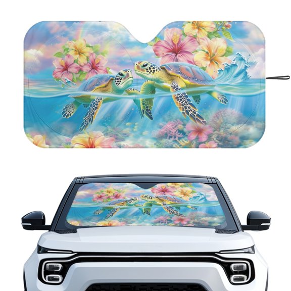 HUIACONG Sea Turtle & Hibiscus Floral Print Custom-fit Car Windshield Sun Shade, Keeps Interior Cool Reusable Foldable Foldable Sunshade for Sedan Universal Pickups
