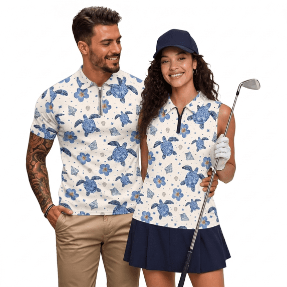 HUIACONG Sea Turtle His and Hers Matching Outfits Quarter Zip Collared Shirts for Men Short Sleeve Quick Dry Breathable Casual Golf Tops for Outdoor Sports Vacation Wear Man XL