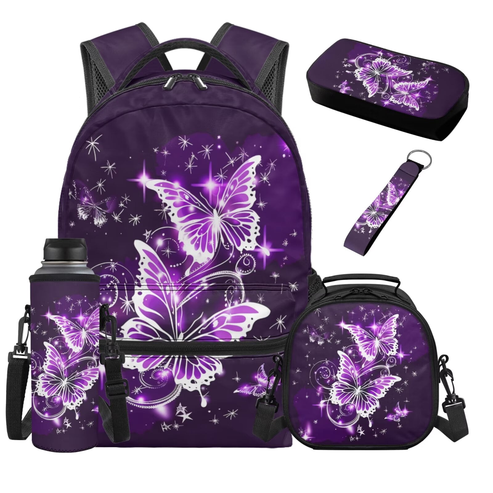 HUIACONG Shining Purple Butterfly School Backpack and Lunch Box Set, 17 ...