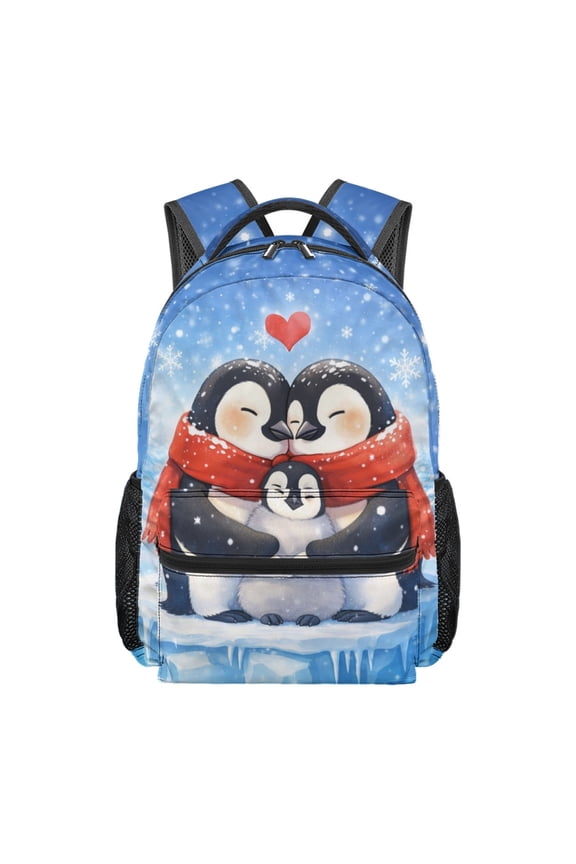Side Pockets Student Backpack, Penguin Family Heart Pattern Polyester Waterproof Bookbag Adjustable Fit School Backpack for Hiking Outdoor Trips Travel