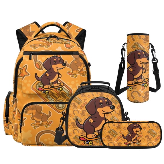 HUIACONG Skate Dachshund 4in1 Kids Backpack Set with Lunch Box, 17" Waterproof School Bag for Age 8-12, Travel Daily Use