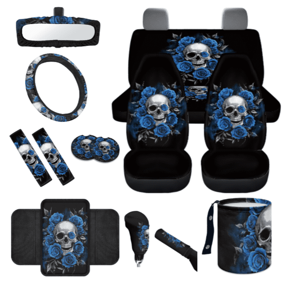 HUIACONG Skull and Rose Design Automotive Interior Accessories, with Car Console Cushion Car Seatbelt Cover Rearview Mirror Protector Car Console Armrest Cushion