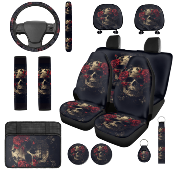 HUIACONG Skull Roses Butterflies Automotive Interior Accessories, with Steering Wheel Cover Automotive Cup Pad Key Ring Auto Hand Rest Mat Key Pendant Keychain