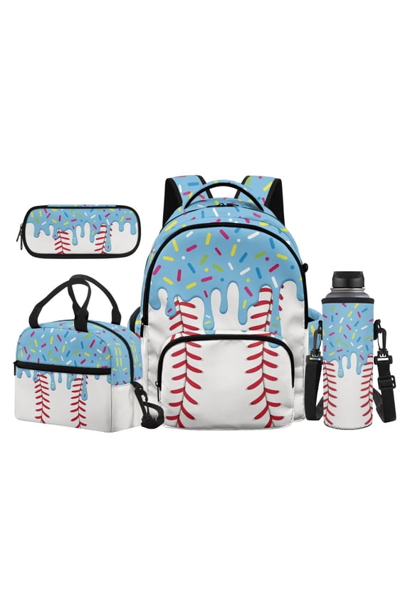 Sky Drip Baseball Backpack Set 17 Inch 4 Pieces Main Pack, Lunch Bag, Pencil Case & Bottle Sleeve, Breathable Mesh, for Boys Girls Ages 5-10
