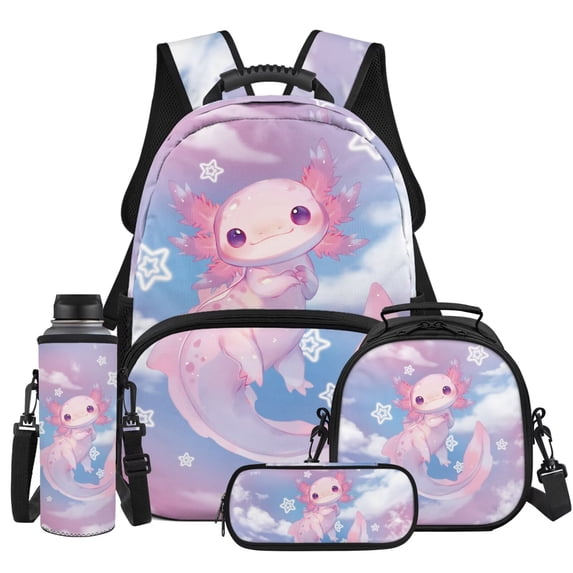 HUIACONG Sky Star Pink Axolotl Backpack for Girls, Functional 4PCS Set Including Water Bottle and Lunch Bag, Daily School Bag for Girls Teens Ages 12-16