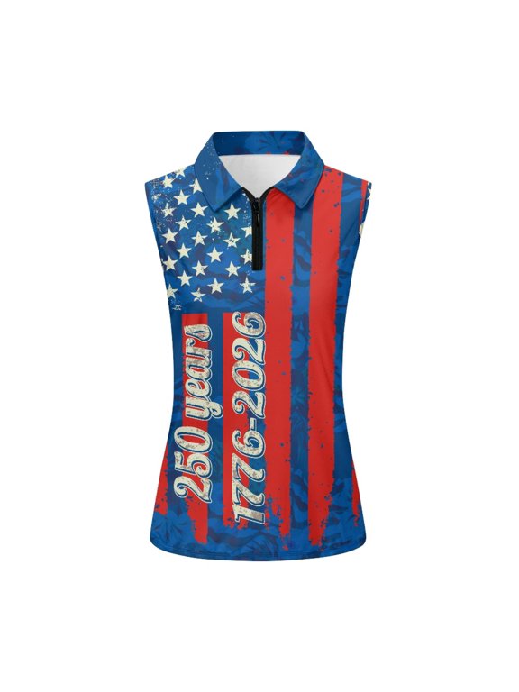 Sleeveless Polo with Patriotic Stars Stripes, Sports Golf Top for Outdoor Activities and Patriotic Celebrations