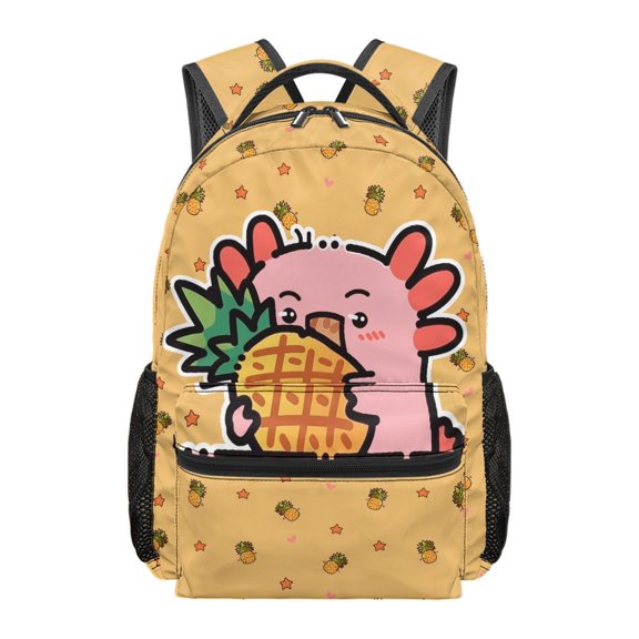 HUIACONG Smooth Running Zippers School Backpack for Trips Museum Visits Daily School, Multiple Pockets Waterproof Student Backpack, Pineapple Axolotl Theme