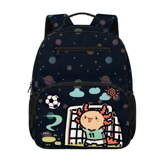 HUIACONG Soccer Axolotl 13.5 Inch School Backpack for Kids Age 3-9, Water Resistant Multi Pocket Bookbag, Adjustable Padded Straps Lightweight Daypack for School Travel Camping