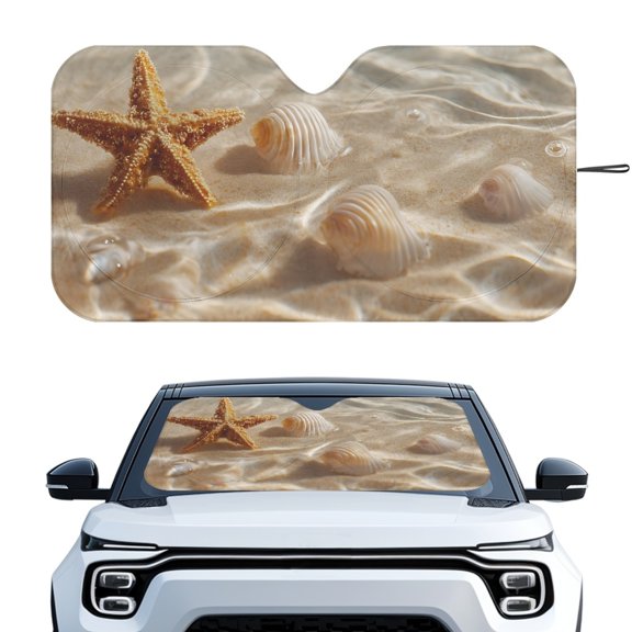 HUIACONG Starfish Seashell Beach Print Foldable Sunshade for Car Windshield Front Window for Auto Sedans Car Windshield Sun Shade Reflective
