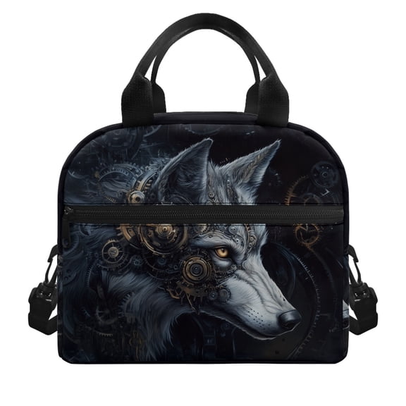 HUIACONG Steampunk Wolf with Gears Pattern Insulated Lunch Tote, Aluminum Film Easy Clean Lining Practical Zipper Lunch Tote for Kids